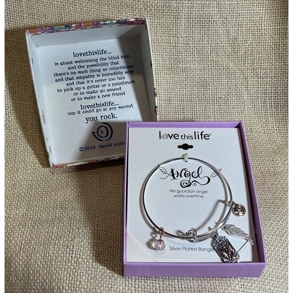 NIB Love This Life GUARDIAN ANGEL silver plated costume jewelry bangle bracelet